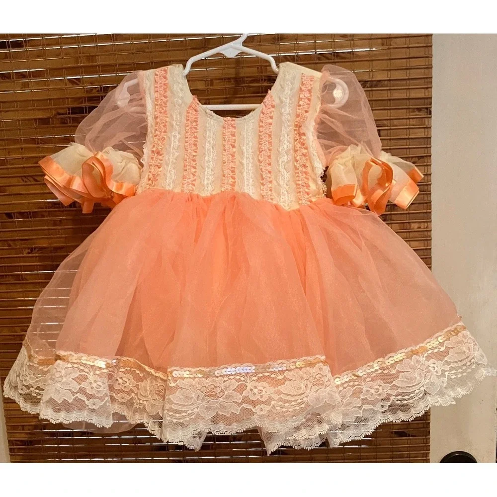 Dansco Kids Peach‎ Cream Lace Sequin Tutu Ballerina Leotard Dress Vintage SC